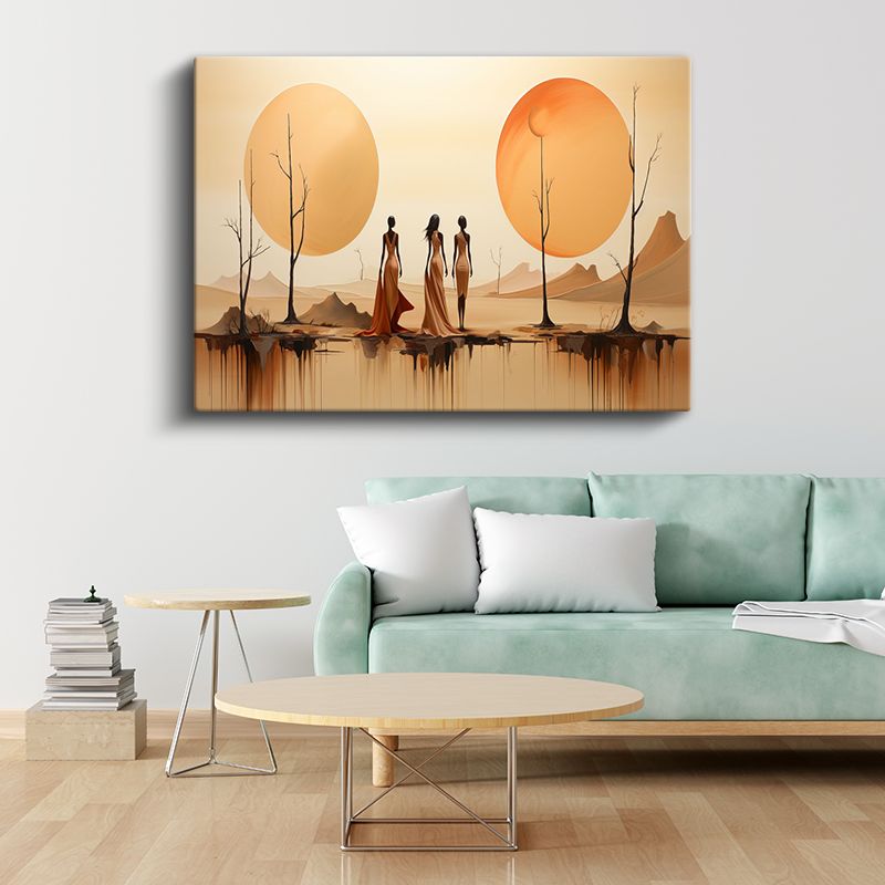 Çöl Silüetleri - Minimalist Figürler ve İkili Güneş Kompozisyonu Kanvas Tablo