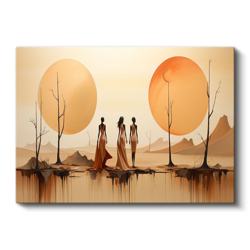 Çöl Silüetleri - Minimalist Figürler ve İkili Güneş Kompozisyonu Kanvas Tablo