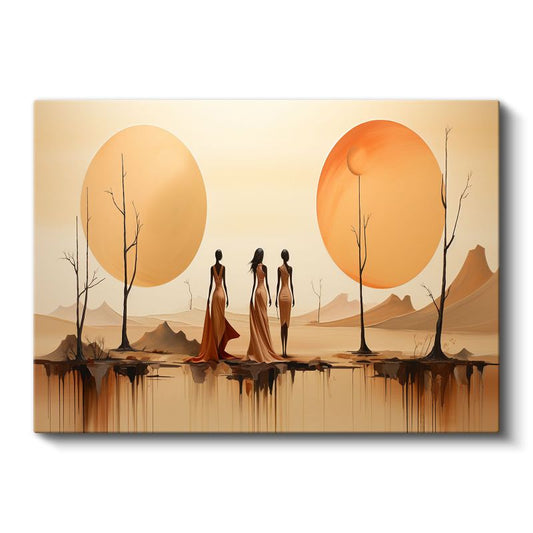 Çöl Silüetleri - Minimalist Figürler ve İkili Güneş Kompozisyonu Kanvas Tablo
