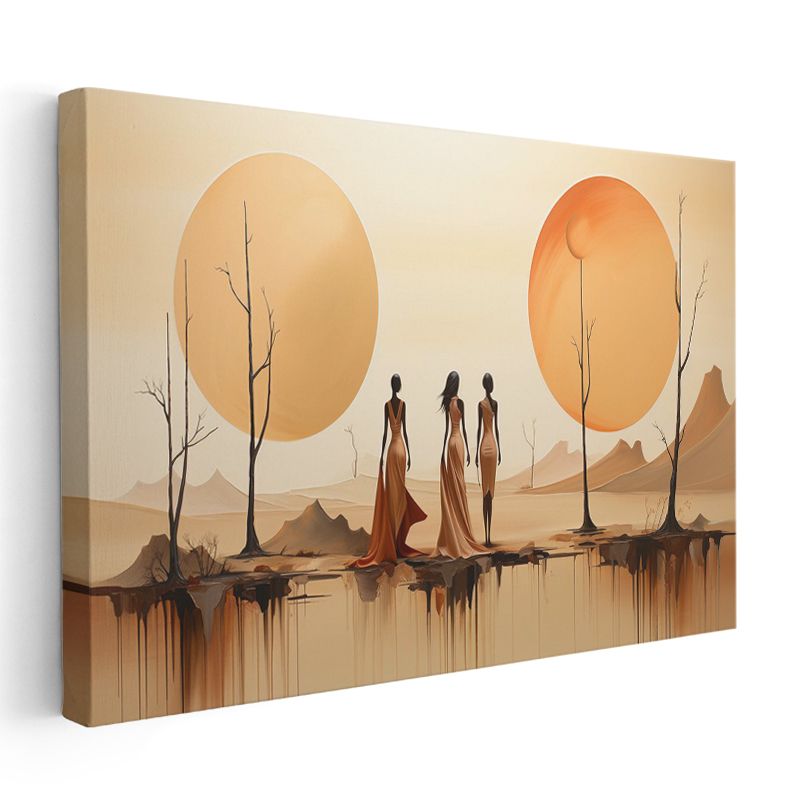 Çöl Silüetleri - Minimalist Figürler ve İkili Güneş Kompozisyonu Kanvas Tablo