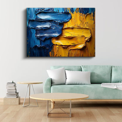 Kontrast Doku - Mavi Sarı Kalın Boya Katmanları Kanvas Tablo