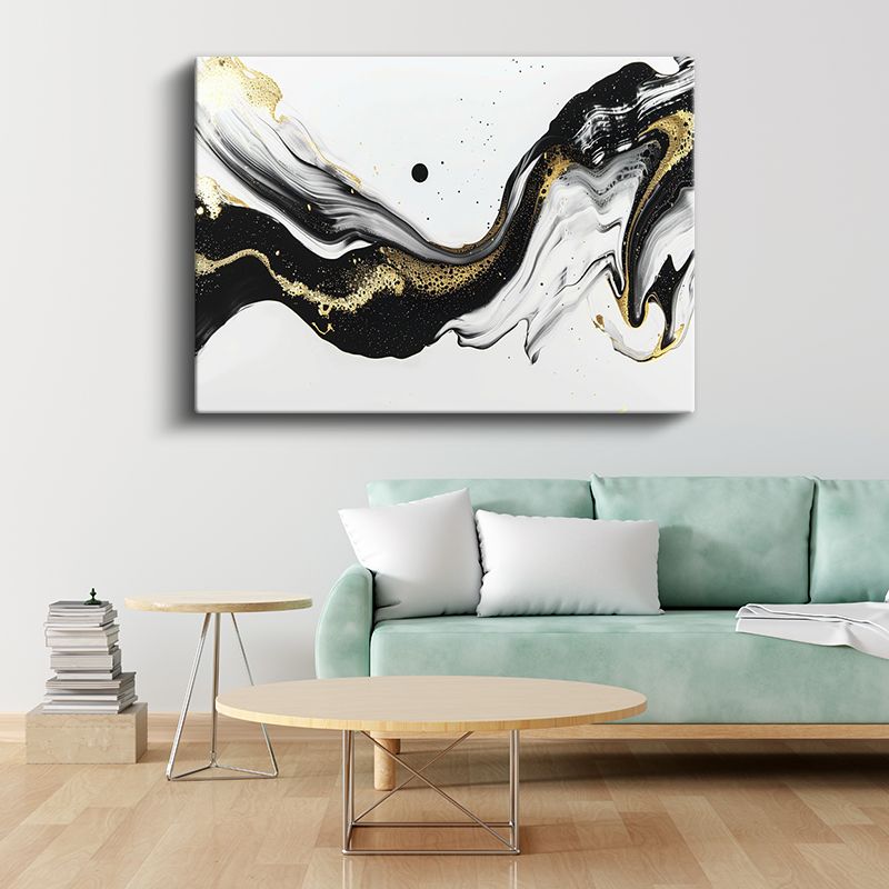 Altın Dalgalar - Siyah Beyaz Kontrast Akışkan Sanat Kanvas Tablo