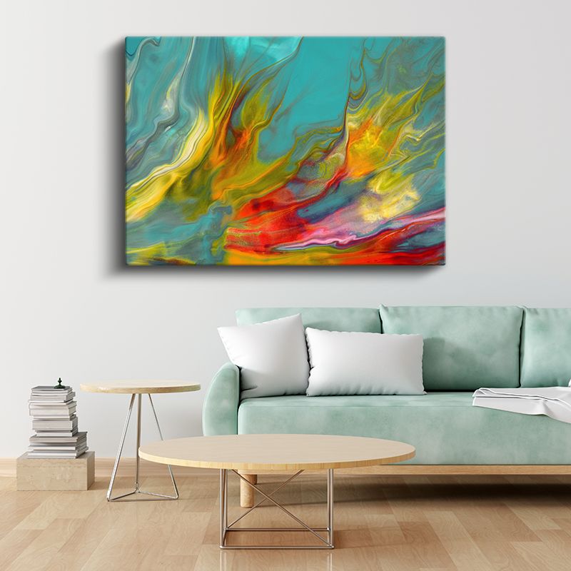 Ateş Ruhu - Turkuaz Üzerinde Canlı Renkli Akışkan Sanat Kanvas Tablo