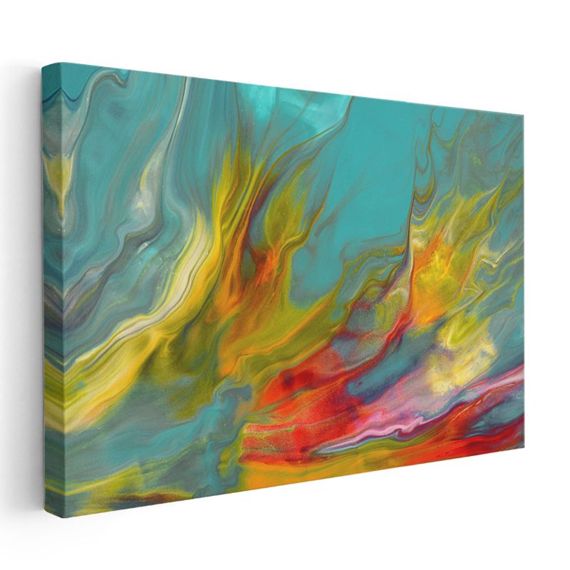 Ateş Ruhu - Turkuaz Üzerinde Canlı Renkli Akışkan Sanat Kanvas Tablo