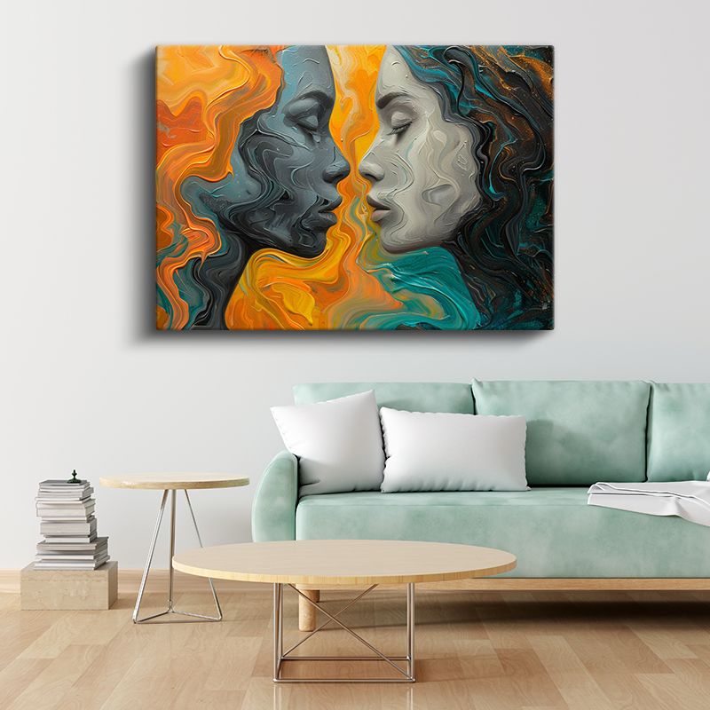 Ruhların Buluşması - Turuncu Turkuaz Soyut Portre Kanvas Tablo