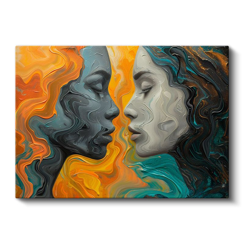 Ruhların Buluşması - Turuncu Turkuaz Soyut Portre Kanvas Tablo