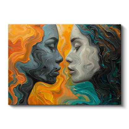 Ruhların Buluşması - Turuncu Turkuaz Soyut Portre Kanvas Tablo