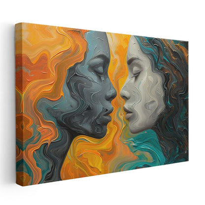 Ruhların Buluşması - Turuncu Turkuaz Soyut Portre Kanvas Tablo