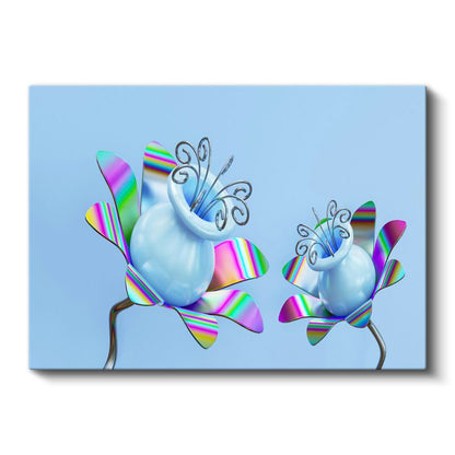 Holografik Çiçekler - Mavi Gökyüzü Altında Fantastik Botanik Kanvas Tablo