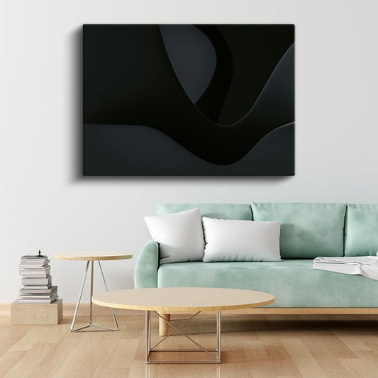 Karanlık Derinlik - Siyah Üzerine Minimalist Dalgalı Formlar Kanvas Tablo