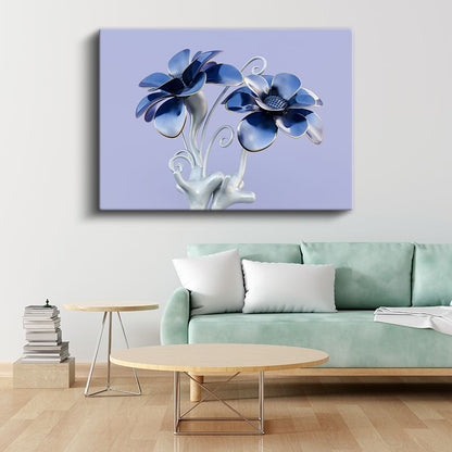 Mavi Çiçek Heykeli - Metalik Flora Tasarım Kanvas Tablo
