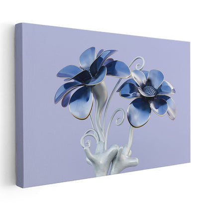 Mavi Çiçek Heykeli - Metalik Flora Tasarım Kanvas Tablo