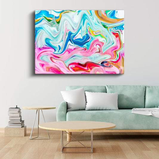 Renkli Akışkan Dalgalar - Mavi Pembe Mermer Efekti Kanvas Tablo