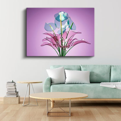 Cam Çiçekler - Mor Zeminde Şeffaf Floral Kompozisyon Kanvas Tablo