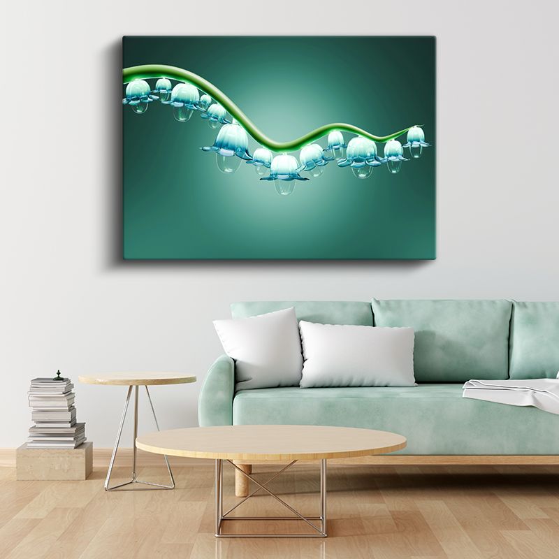 Kristal Damlalar - Yeşil Dalda Mavi Şeffaf Formlar Kanvas Tablo