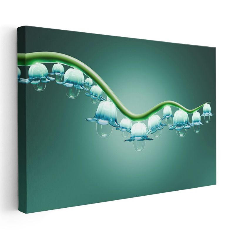 Kristal Damlalar - Yeşil Dalda Mavi Şeffaf Formlar Kanvas Tablo