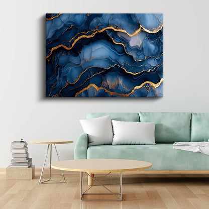 Mavi Mermer - Altın Damarlı Soyut Akışkan Sanat Kanvas Tablo