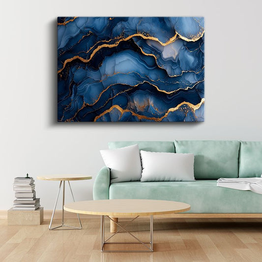 Mavi Mermer - Altın Damarlı Soyut Akışkan Sanat Kanvas Tablo