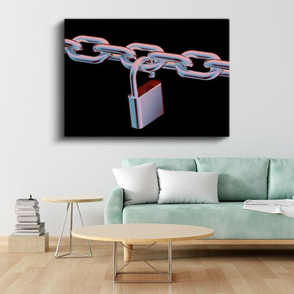 Neon Zincir - Metalik Kilit Detaylı 3D Vektörel Kanvas Tablo