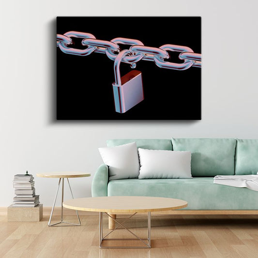 Neon Zincir - Metalik Kilit Detaylı 3D Vektörel Kanvas Tablo