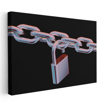Neon Zincir - Metalik Kilit Detaylı 3D Vektörel Kanvas Tablo