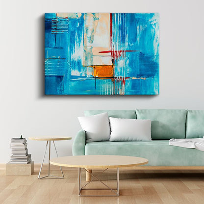 Mavi Kompozisyon - Kırmızı Detaylı Geometrik Soyut Kanvas Tablo