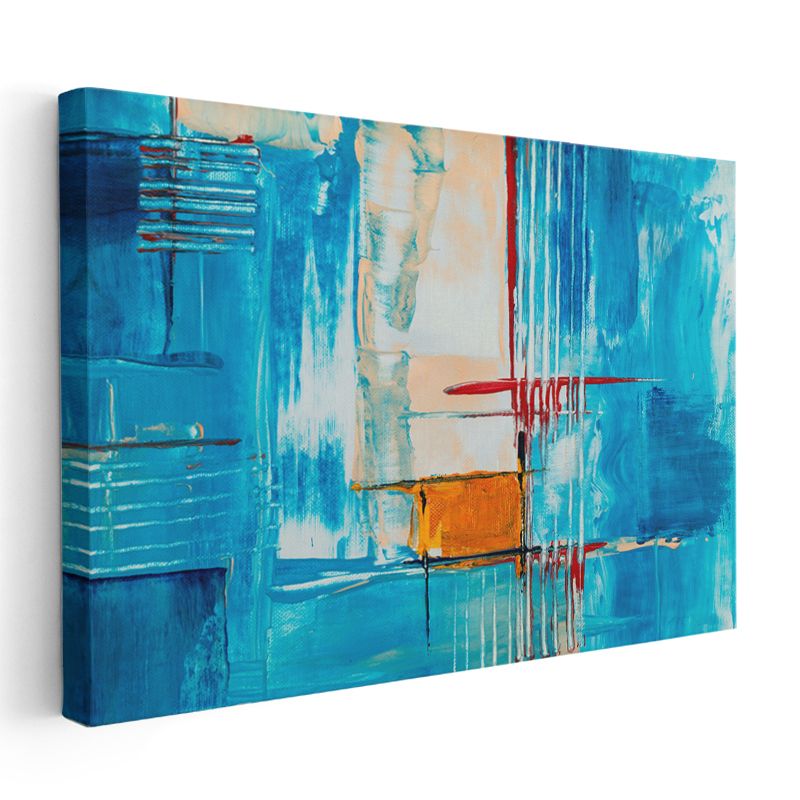 Mavi Kompozisyon - Kırmızı Detaylı Geometrik Soyut Kanvas Tablo