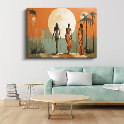 Gün Batımı Silüetler - Turuncu Yeşil Vektörel Kanvas Tablo