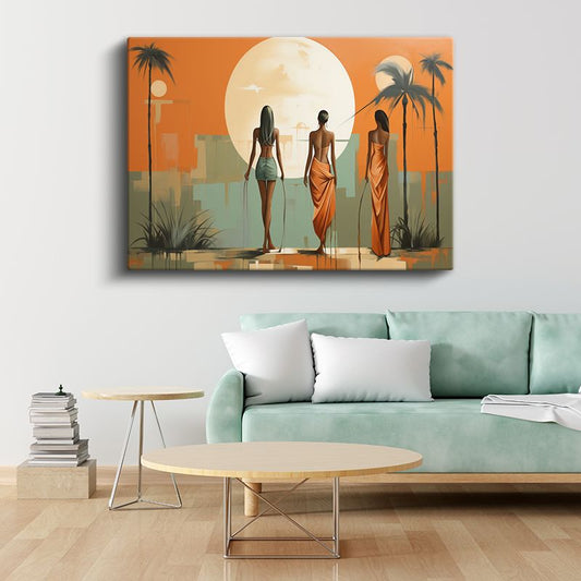 Gün Batımı Silüetler - Turuncu Yeşil Vektörel Kanvas Tablo