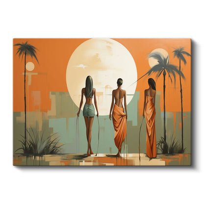 Gün Batımı Silüetler - Turuncu Yeşil Vektörel Kanvas Tablo