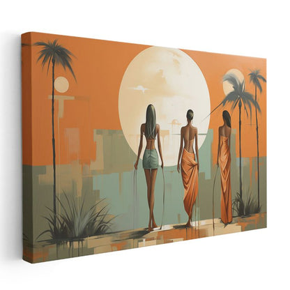 Gün Batımı Silüetler - Turuncu Yeşil Vektörel Kanvas Tablo