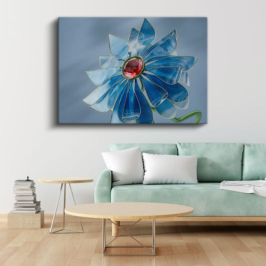 Kristal Çiçek - Mavi Cam Efektli Kanvas Tablo