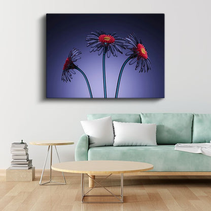 Mor Papatyalar - Stilize Çiçek Üçlemesi Kanvas Tablo