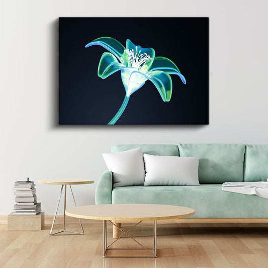 Neon Zambak - Mavi-Yeşil Tonlarında Dijital Çiçek İllüstrasyonu Kanvas Tablo