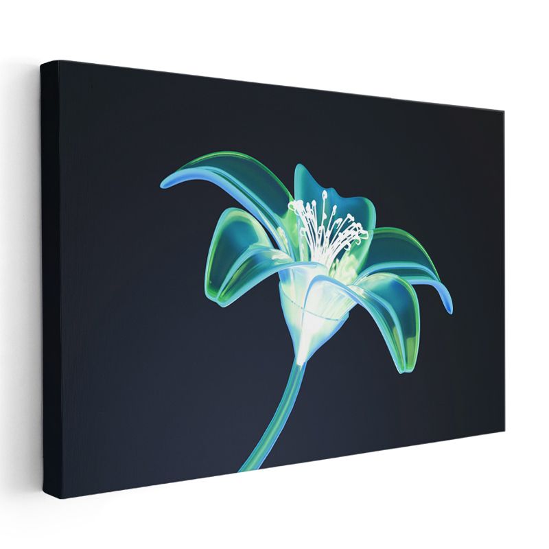 Neon Zambak - Mavi-Yeşil Tonlarında Dijital Çiçek İllüstrasyonu Kanvas Tablo