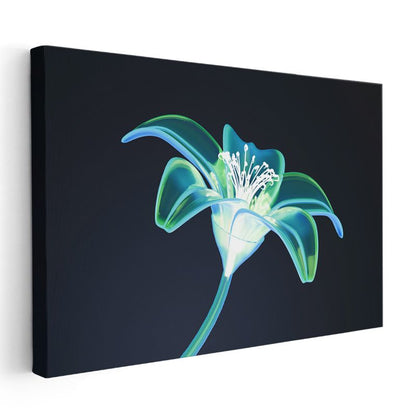 Neon Zambak - Mavi-Yeşil Tonlarında Dijital Çiçek İllüstrasyonu Kanvas Tablo
