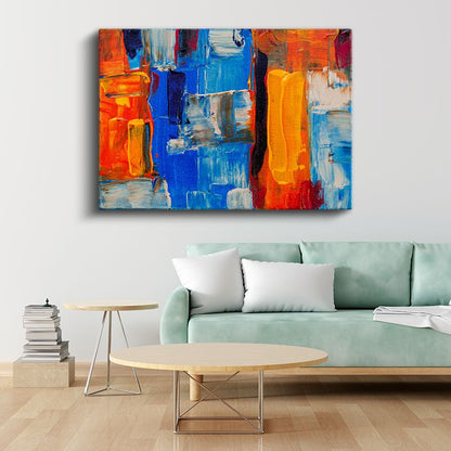 Kontrast Denge - Turuncu Mavi Soyut Fırça Darbeleri Kanvas Tablo