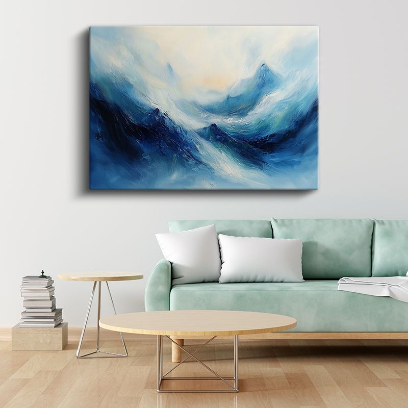 Mavi Soyut Dağlar - Fırça Darbeli Dalga Efektli Kanvas Tablo