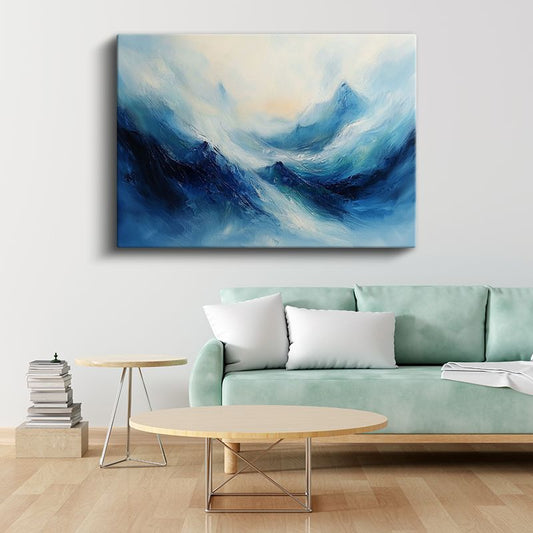 Mavi Soyut Dağlar - Fırça Darbeli Dalga Efektli Kanvas Tablo
