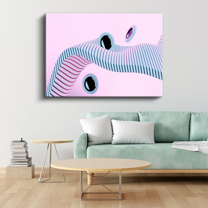 Geometrik Dalgalar - Pembe Zemin Üzerinde Mavi Çizgili Minimalist Kanvas Tablo