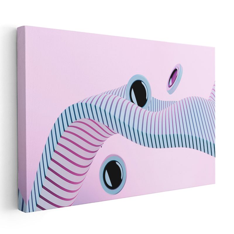 Geometrik Dalgalar - Pembe Zemin Üzerinde Mavi Çizgili Minimalist Kanvas Tablo