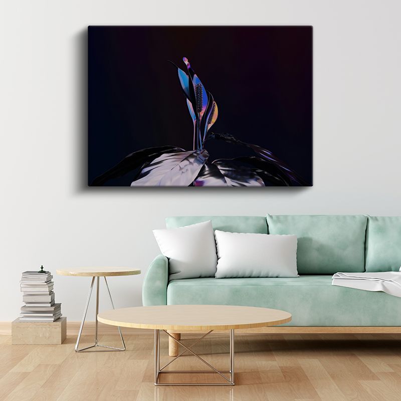 Gece Çiçeği - Metalik Mavi Tonlarda Stilize Flora Kanvas Tablo