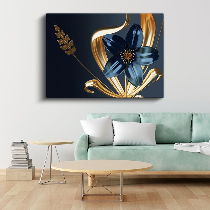 Zarif Çiçek - Altın ve Lacivert Kontrast Kanvas Tablo