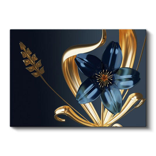 Zarif Çiçek - Altın ve Lacivert Kontrast Kanvas Tablo