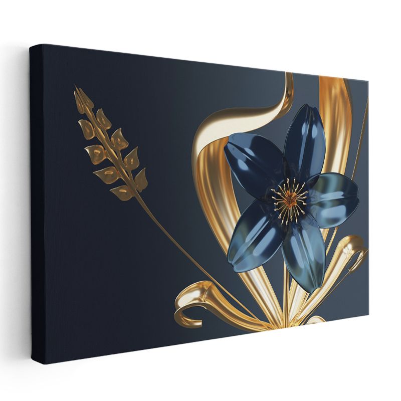 Zarif Çiçek - Altın ve Lacivert Kontrast Kanvas Tablo
