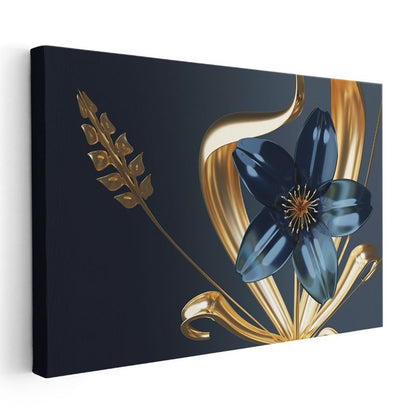 Zarif Çiçek - Altın ve Lacivert Kontrast Kanvas Tablo