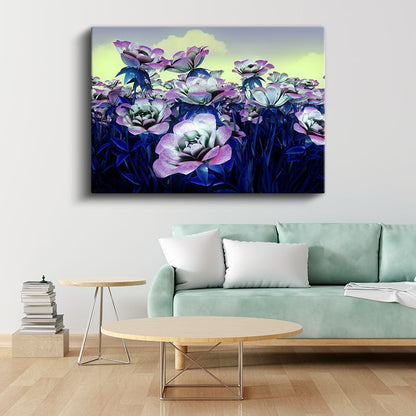 Mor Çiçekler - Dijital Bahçe Vektörel Kanvas Tablo