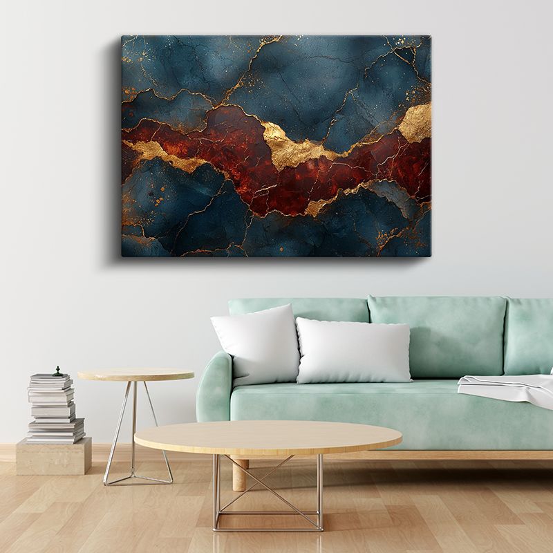 Altın Çatlaklar - Lacivert ve Kırmızı Tonlarında Lüks Soyut Desen Kanvas Tablo