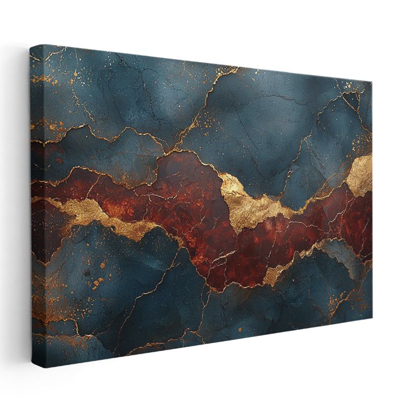 Altın Çatlaklar - Lacivert ve Kırmızı Tonlarında Lüks Soyut Desen Kanvas Tablo