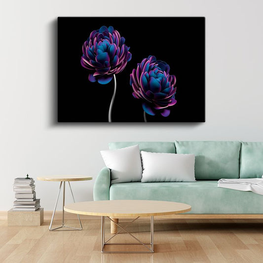 Neon Çiçekler - Siyah Zeminde Mor Mavi Vektörel Çiçek Formları Kanvas Tablo